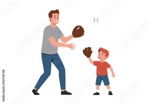 A father and son each wearing baseball gloves are depicted playing catch with a baseball in an outdoor setting