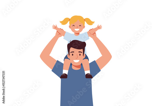 A father carries his daughter on his shoulders Both are smiling