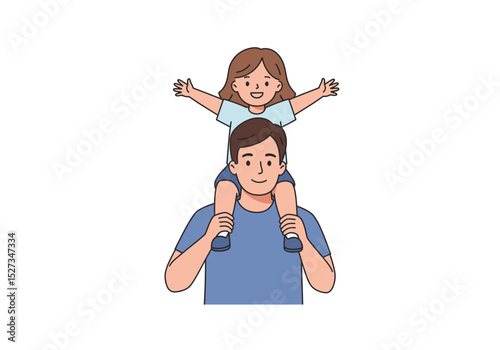 A father carries his daughter on his shoulders both are smiling