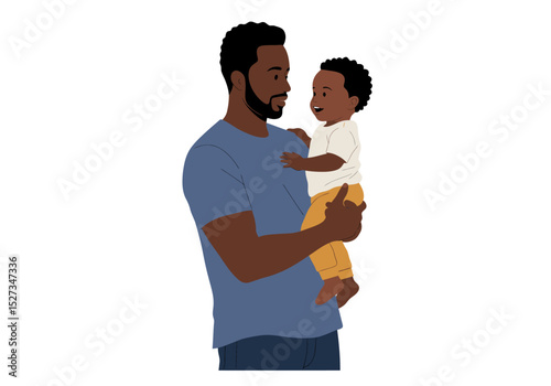 A father cradles his son in his arms both looking at each other