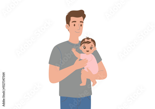 A father holds a baby wearing a pink bodysuit and a small bow