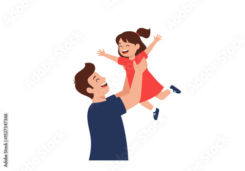 A father holds his young daughter in the air both are smiling and laughing