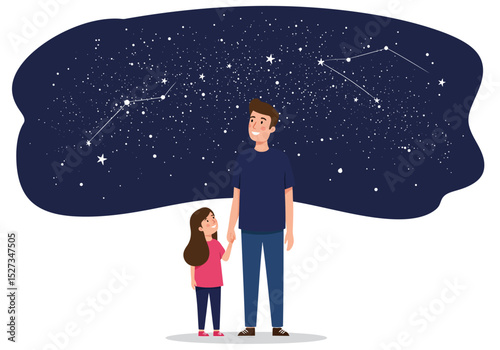A man and a child gaze at a starry night sky with constellation lines