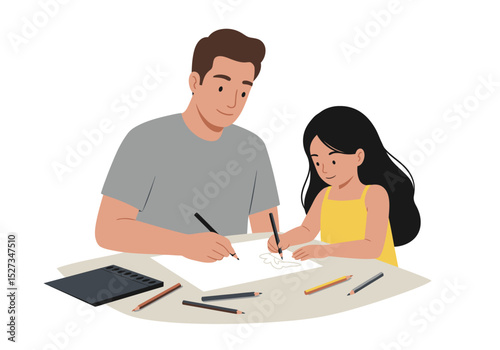 Father and a girl are drawing with pencils on a table