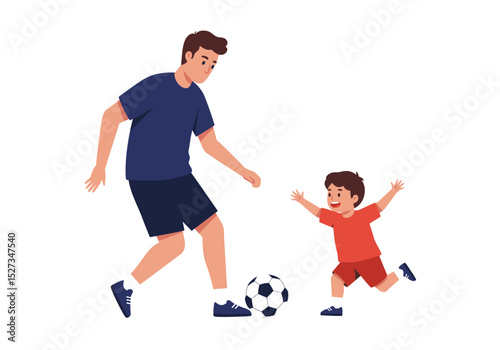 Father and Son in athletic wear play soccer with a black and white soccer ball on a white background