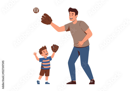 Father and Son both wearing baseball gloves play catch with a baseball
