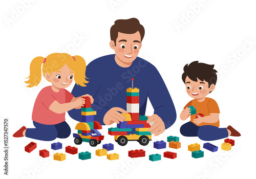 Father with two children are playing with building blocks constructing a rocket car and other objects