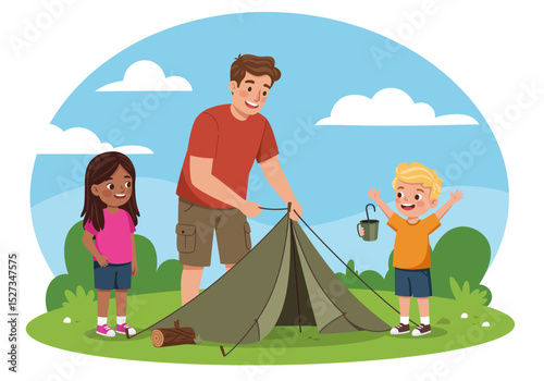Father with two children set up a tent outdoors in a grassy area under a blue sky with clouds