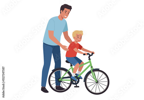 Father assists a boy learning to ride a green bicycle