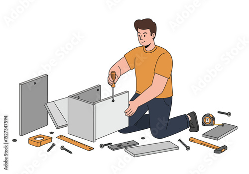 A man assembles furniture kneeling amidst tools