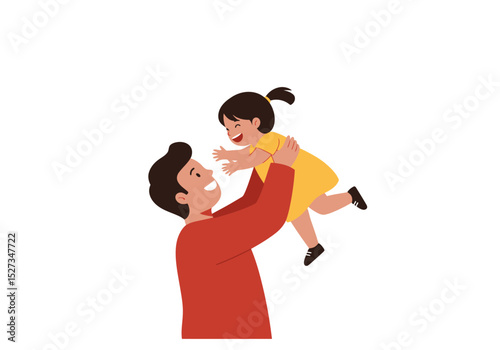 A man in a red shirt holding a girl in a yellow dress in the air Both smiling
