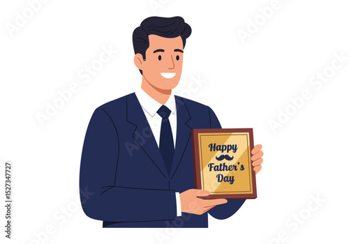 A man in a suit holds a framed Happy Fathers Day sign