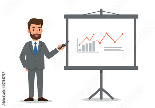 A man in a suit presenting a graph on a standup board holding a remote control