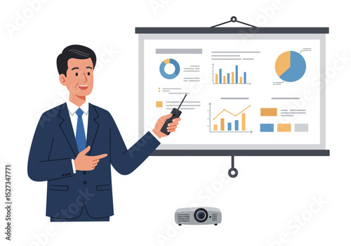 A man in a suit presents charts from a projector screen pointing with his left hand and a remote in his right A projector sits below