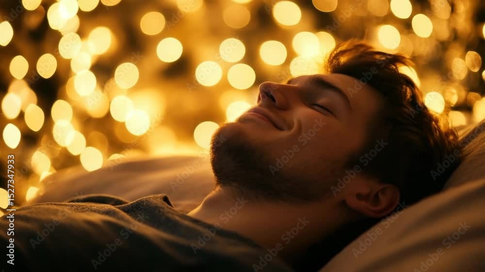 Young male lying relaxed with closed eyes and peaceful smile, surrounded by warm golden bokeh light, creating calm and cozy atmosphere full of comfort and rest