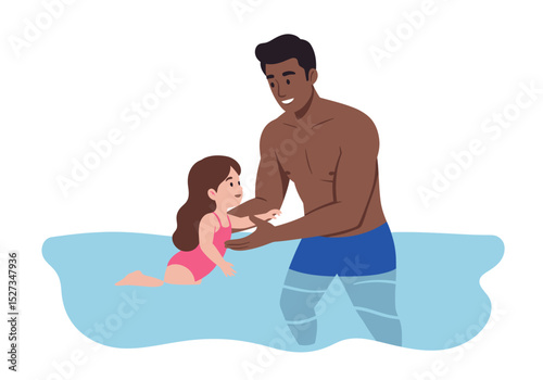 A man teaching a girl to swim in a light blue pool