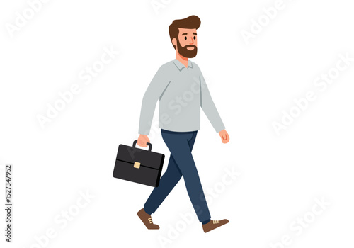 A man walks with a briefcase wearing a gray shirt and blue pants