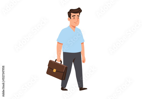 A man walks with a briefcase wearing a light blue shirt and gray pants