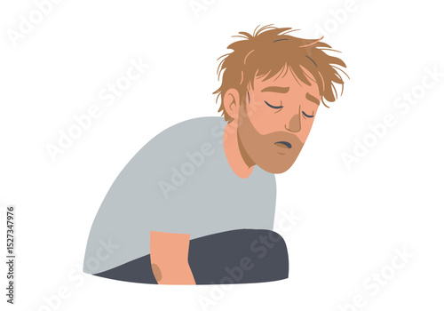 A man with scruffy hair in a grey shirt appears tired looking downwards with closed eyes