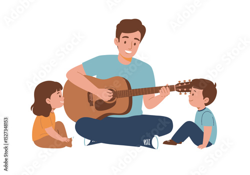 A seated adult plays guitar for two young children in front of them smiling