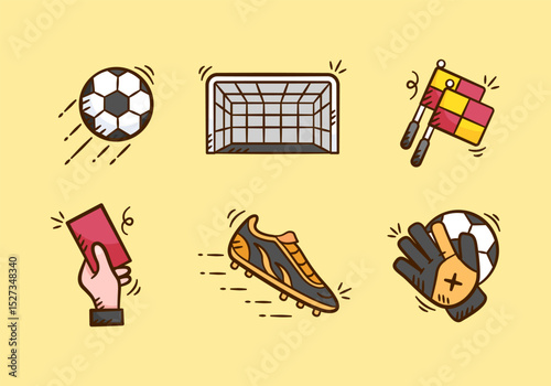 Football equipment hand drawn illustration. Set of soccer kit collection vector icon doodle. Containing ball, shoes, soccer glove, red card, referee flag, goal post outline style design.	