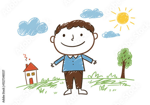 Childlike drawing of a smiling person surrounded by sun clouds a house and a tree all rendered in a simple illustrative style