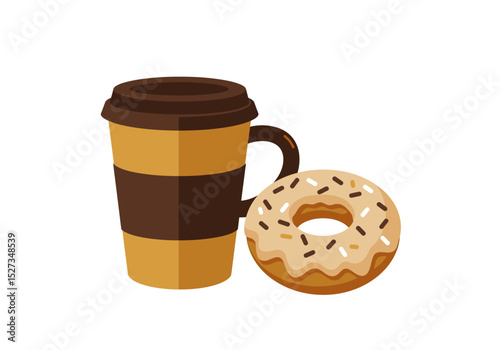 Coffee cup with brown stripes and a donut with sprinkles