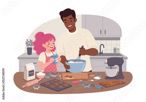 Dad and daughter bake cookies together in a kitchen with mixing bowl rolling pin and cookie sheet visible