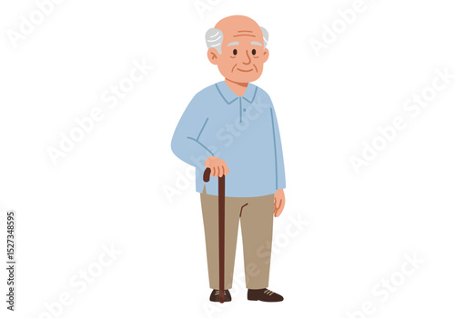Elderly man with cane light blue shirt tan pants brown shoes Balding with white hair