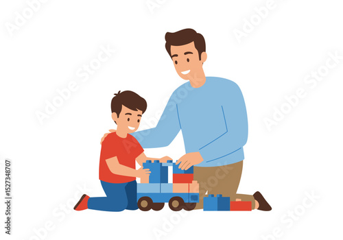 Vector Father son kneeling constructing a toy truck with blue and red blocks
