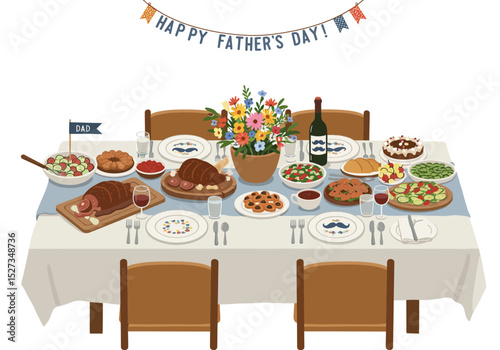 Fathers Day dinner a fullyset table under a banner with diverse dishes and flowers