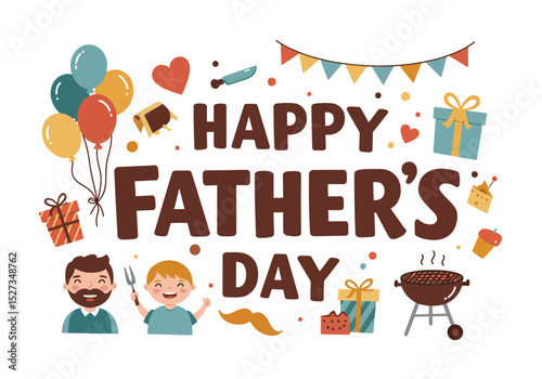 Vector Fathers Day illustration with gifts barbecue balloons  family celebrating the holiday