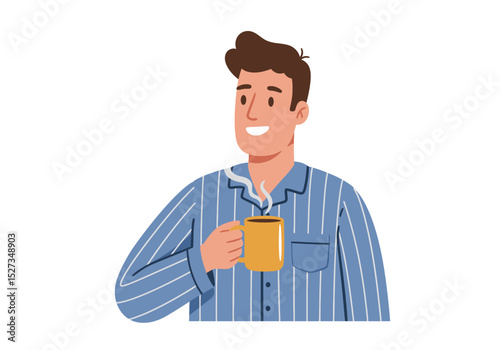 Man in striped pajamas holding coffee mug with steam smiling with short brown hair on white background