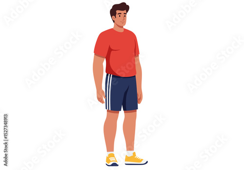 Man in red shirt and blue shorts