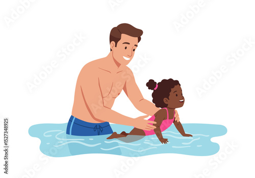 Vector Father in water helping a girl in a pink swimsuit learn to swim