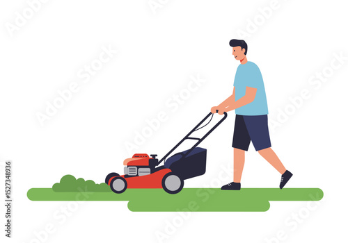 Man pushing a red lawnmower cutting green grass