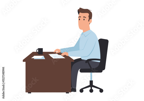 Man seated at a desk with a mug and papers in an office setting facing left
