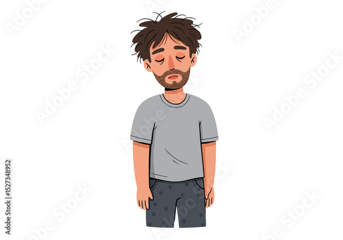Man with messy hair sleepy eyes and a beard wears a gray shirt and polka dot pants