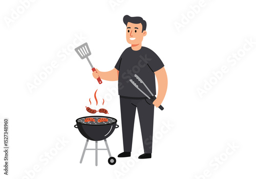 Man with spatulatongs grills sausages on a small charcoal grill with smoke