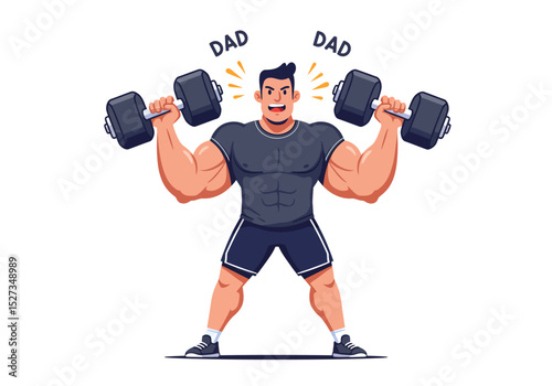 Vector Muscular man lifting dumbbells with DAD text above