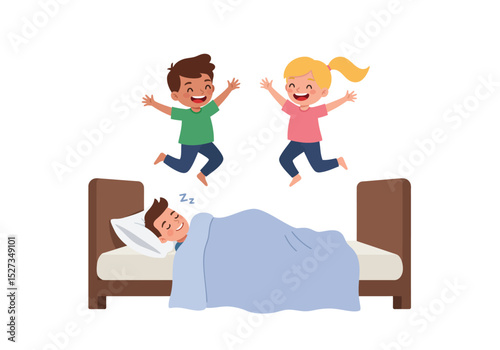 Vector Two children jump over a sleeping Father in bed