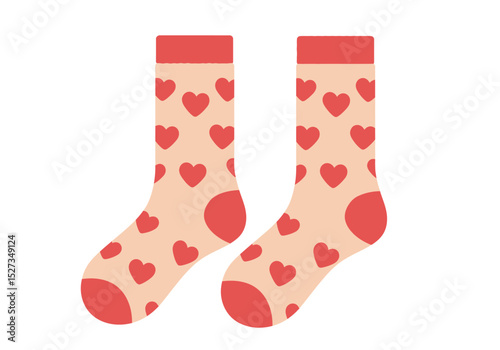Two socks adorned with red hearts on a peachcolored background
