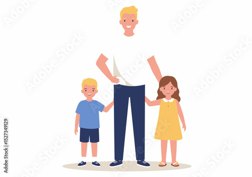 Vector art shows a Father with two young children all smiling standing against a white background