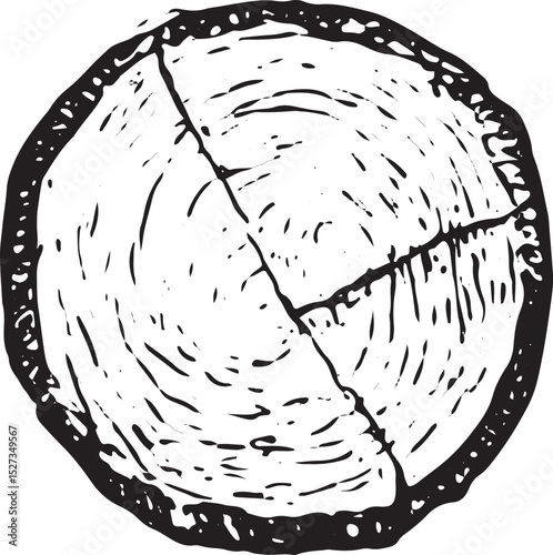 A finely detailed black and white woodcut illustration, highlighting concentric growth rings and textured bark. Ideal for nature, forestry, and woodworking themes
