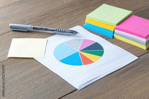 A desk with a pie chart, a pen, and sticky notes in various colors arranged on a wooden surface top view