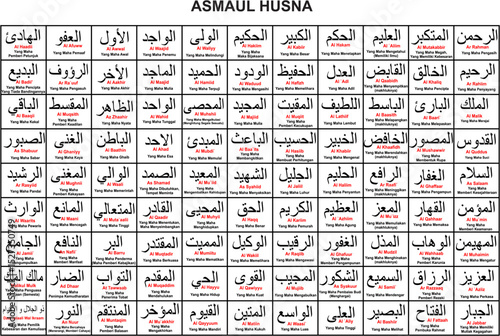 Arabic Asmaul Husna, 99 Names Of Allah Asmaulhusna illustration with flowing lines and balanced composition. Suitable for digital prints, Islamic art, and Arabic design themes.
