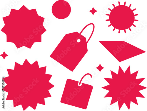 Red set of sale sticker, price tag, starburst, quality mark, sunburst badges, retro stars. Flat vector design elements. Starburst speech bubbles or attention grabber set on a transparent background