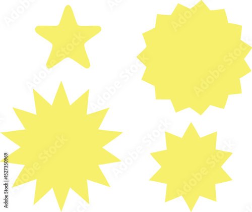 Yellow set of sale sticker, price tag, starburst, quality mark, sunburst badges, retro stars. Flat vector design elements. Starburst speech bubbles or attention grabber set on a transparent backgro
