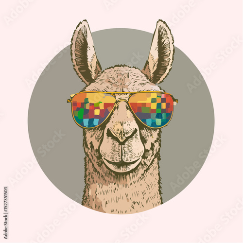 A cool and quirky llama character wearing funky sunglasses, illustrated in bold detail with a playful attitude.