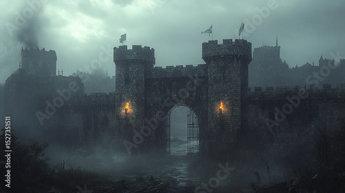 mysterious castle gate with iron portcullis and torches illuminating foggy landscape